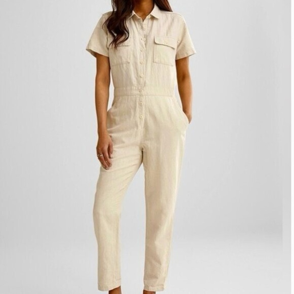 Outerknown S.E.A Utility‎ Jumpsuit Carpenter Linen Cotton Sustainable Small Tan